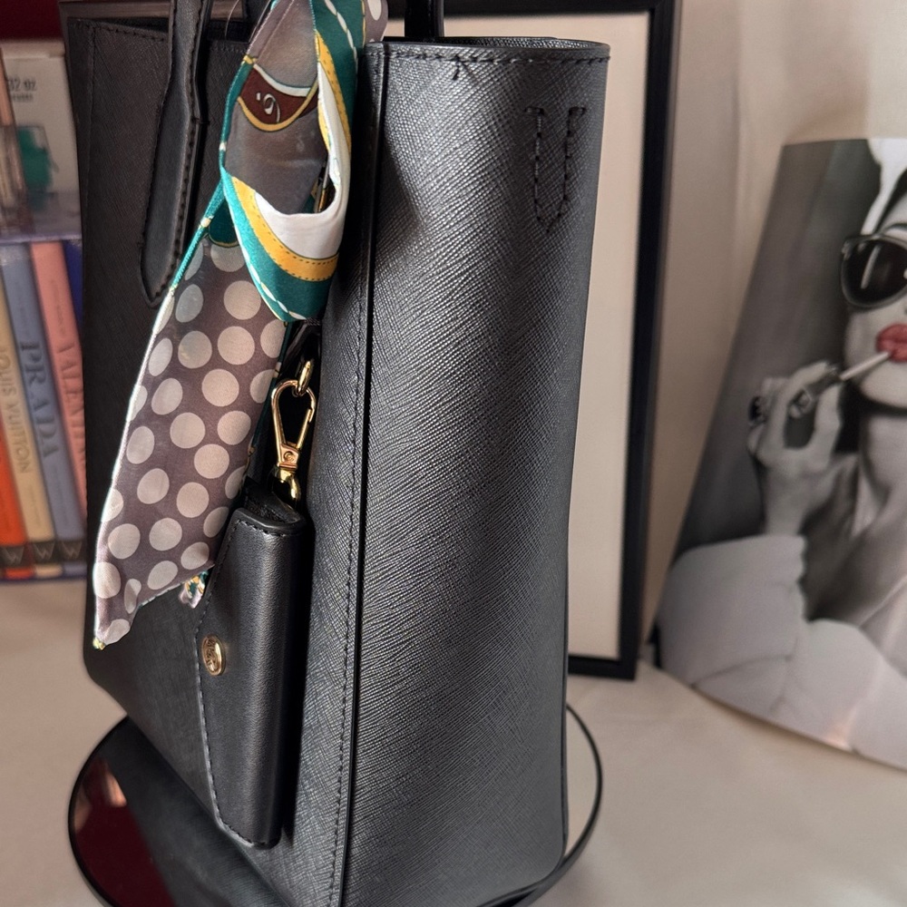 Michael Kors Black Saffiano Leather Tote with Colorful Scarf Accent - Picture 6 of 9